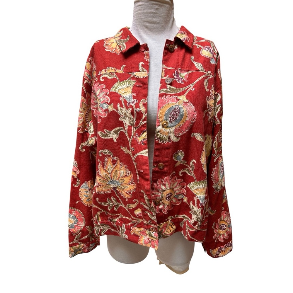Coldwater Creek women's 100% cotton rust/red floral print jacket Boho Large